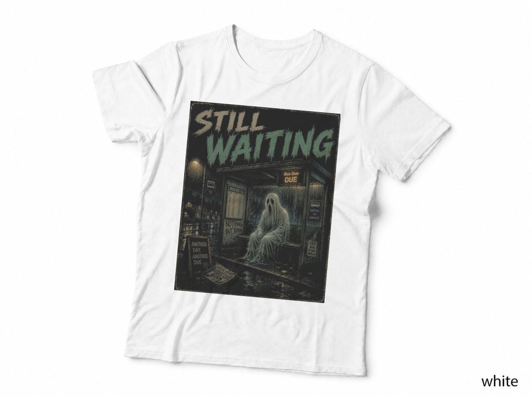 Ghost Bus Stop British Rain Retro Horror Still Waiting Vintage Halftone T-Shirt