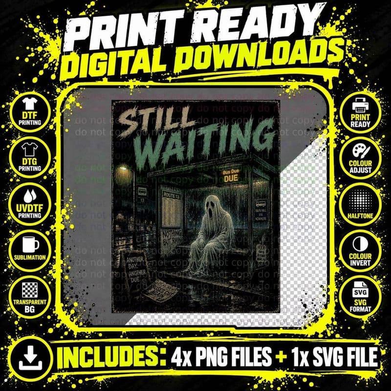 Ghost Bus Stop British Rain Retro Horror Still Waiting Png SVG Digital Bundle