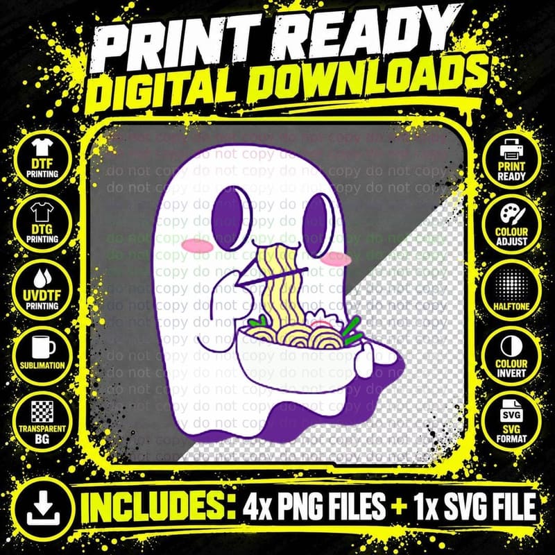 Ghost Lazy Kawaii Ramen Bowl Halloween Costume Funny Png SVG Digital Bundle