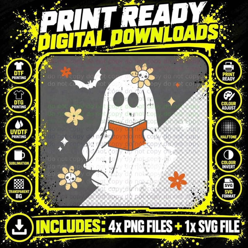 Ghost Reading Book Halloween Costume Teacher Librarian Png SVG Digital Bundle