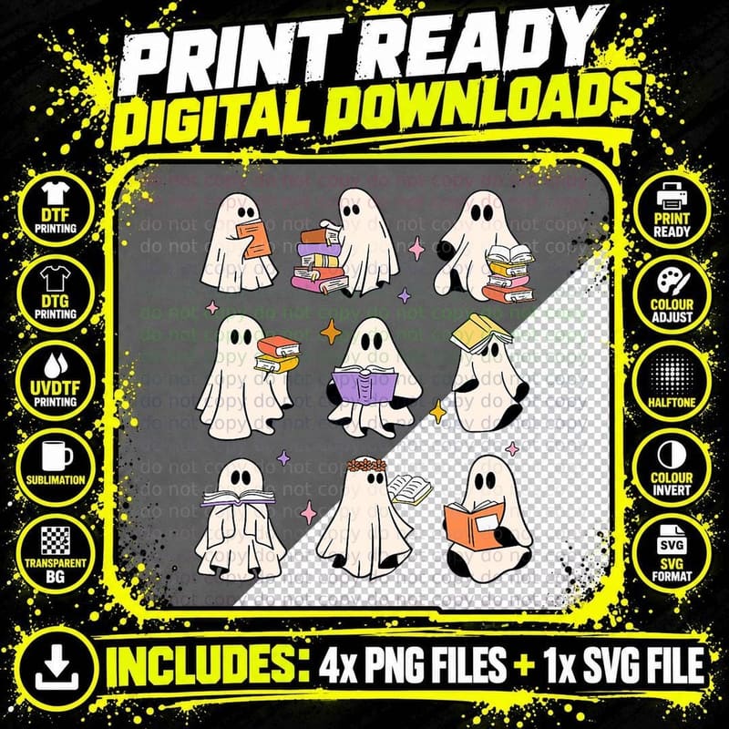 Ghost Reading Teacher Halloween Librarian Book Lover Png SVG Digital Bundle