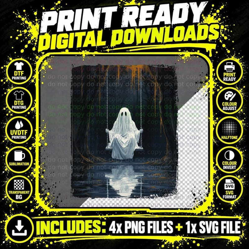 Ghost on Swing Spooky Art Costume Cute Halloween Ghost Png SVG Digital Bundle