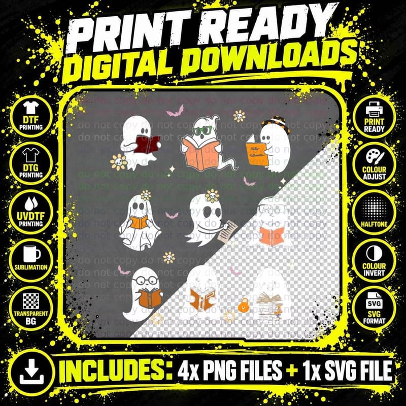 Ghosts Reading Books Teacher Halloween Librarian Boooks Png SVG Digital Bundle