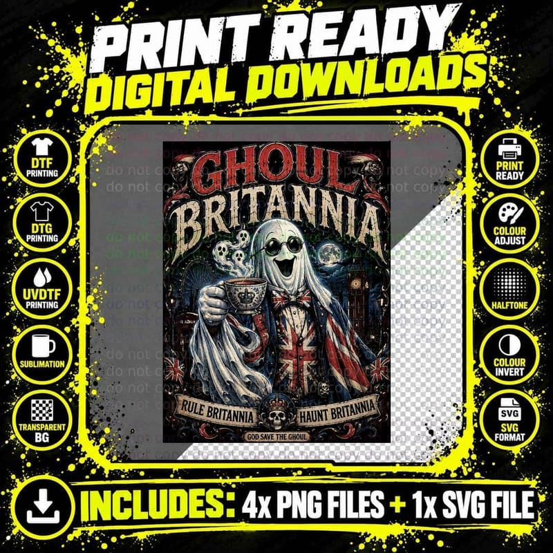 Ghoul Britannia British Ghost Retro Union Jack Halloween Png SVG Digital Bundle