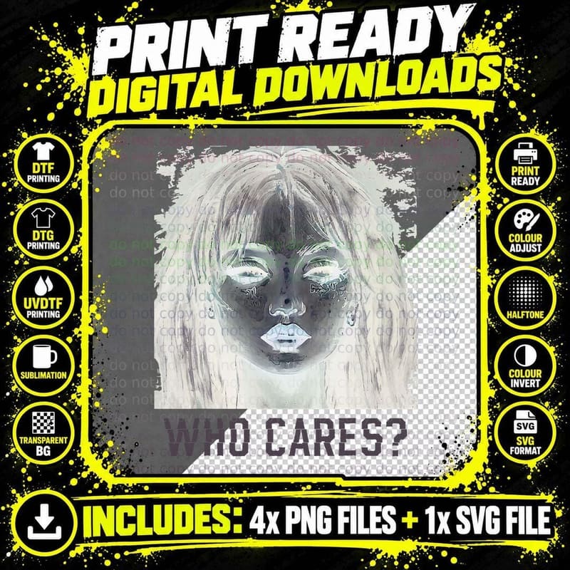 Goth Aesthetic Creepy Sad Emo Girl Glitch Who Cares Png SVG Digital Bundle
