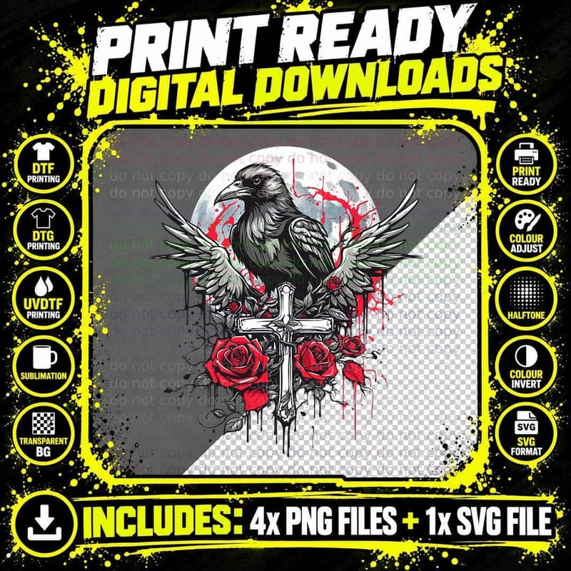 Goth Aesthetic Crow Raven Roses Cross and Moon Png SVG Digital Bundle