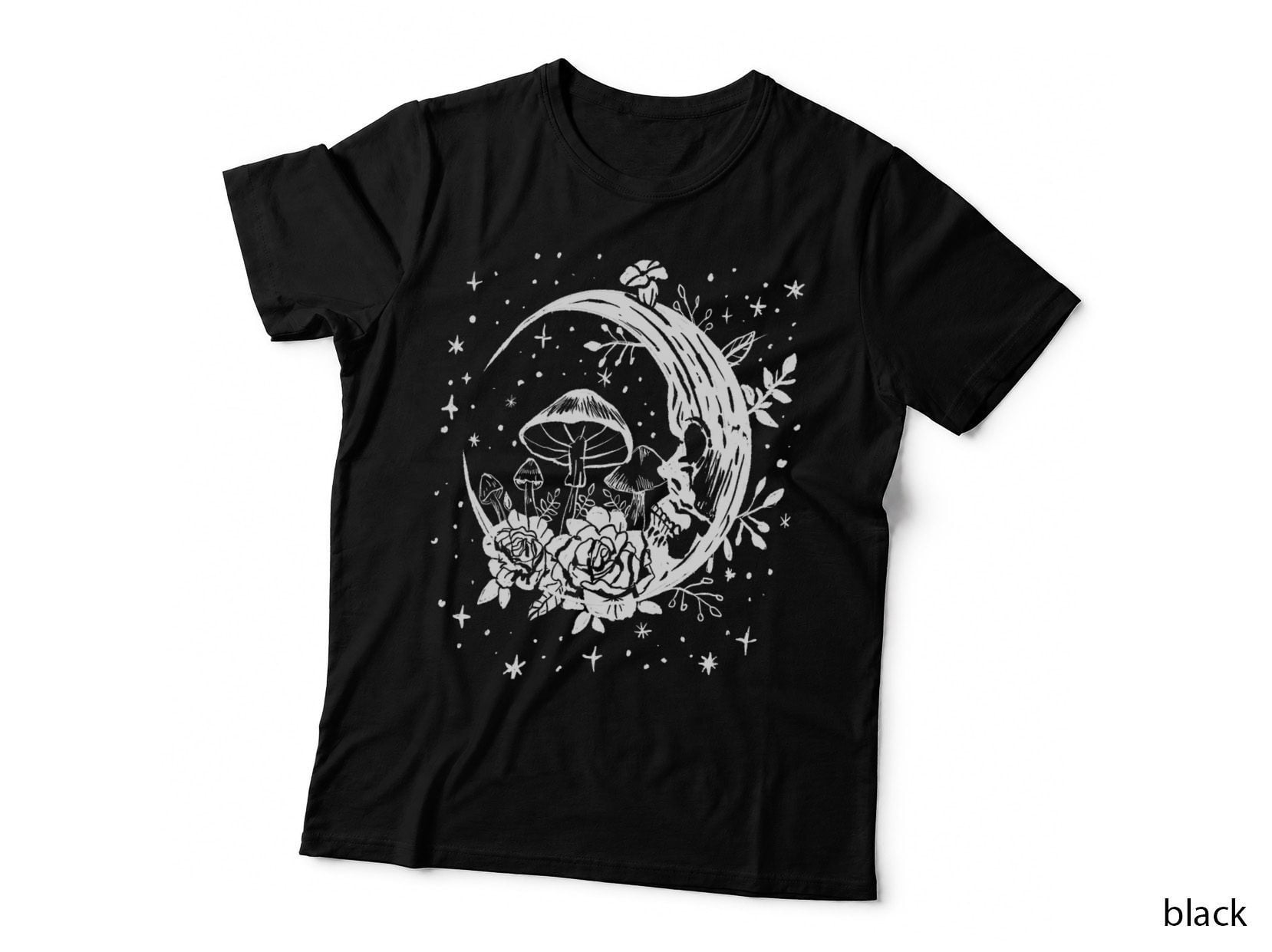Gothic Moon & Mushrooms, Flowers Punk Witchy, Alternative Style T-Shirt