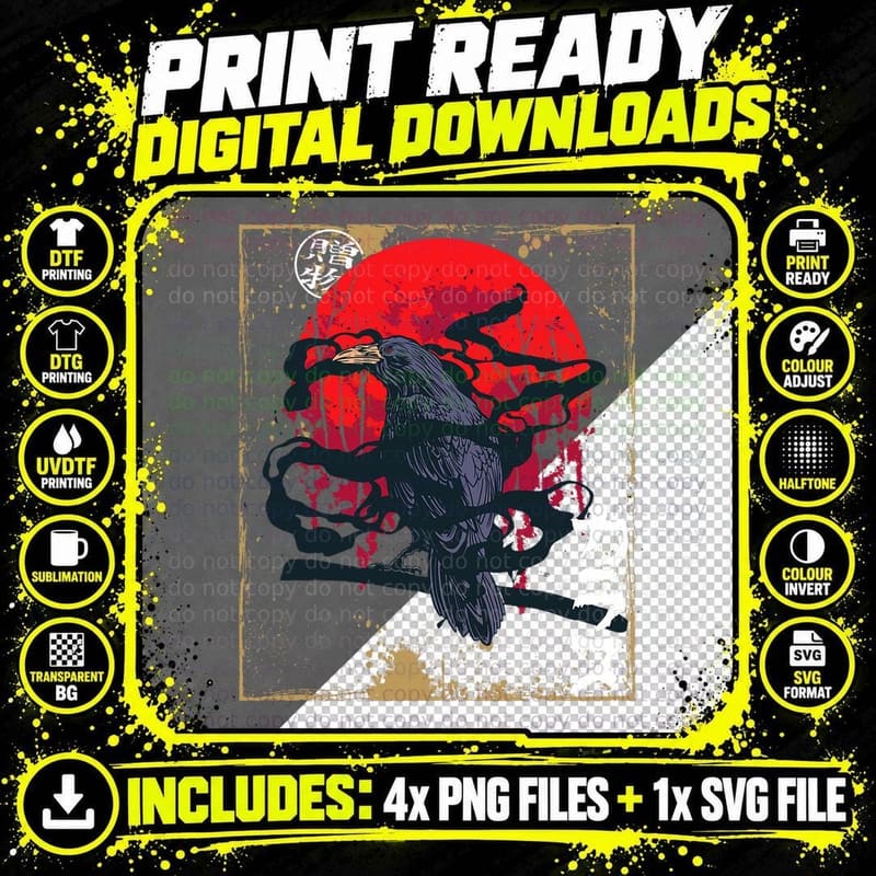 Gothic Raven Red Moon Black Crow, Dark Fantasy Png SVG Digital Bundle