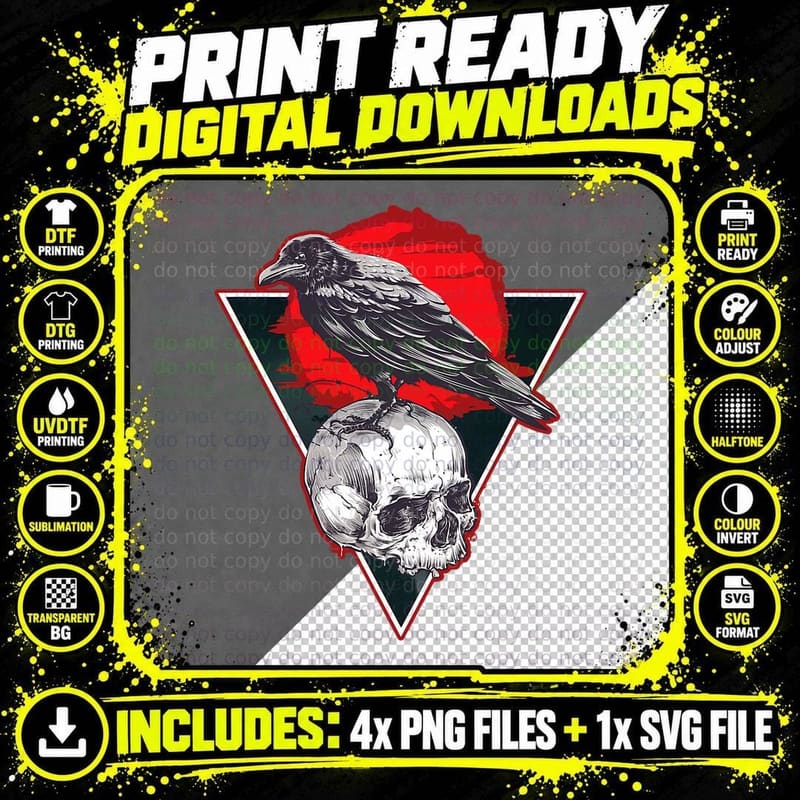 Gothic Skull Red Moon Black Crow, Halloween Png SVG Digital Bundle