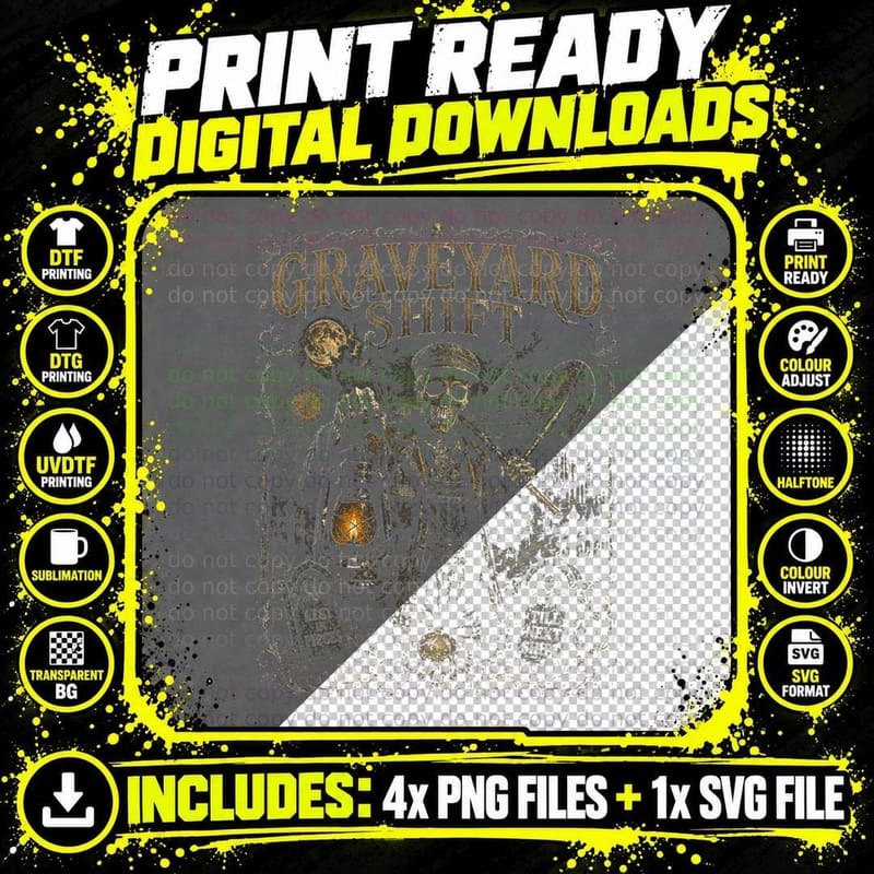 Graveyard Shift Skeleton Groundskeeper Vintage Horror Png SVG Digital Bundle