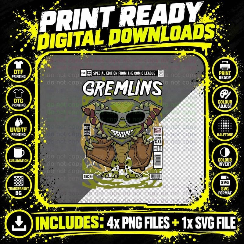 Gremlins Comic League T-Shirt, Retro Sci-Fi Horror Png SVG Digital Bundle
