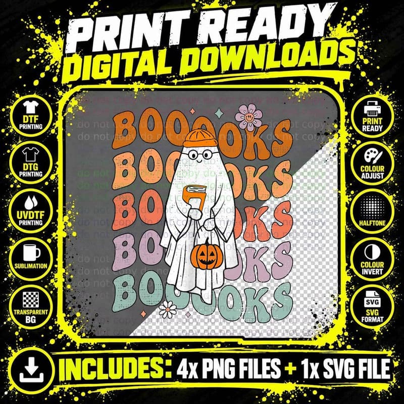 Groovy Halloween Booooks Ghost Hippie Boo Reading Books Png SVG Digital Bundle