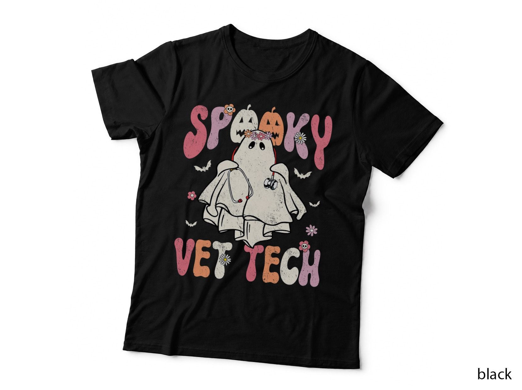 Groovy Halloween Spooky Vet Tech Veterinarian Floral Ghost T-Shirt