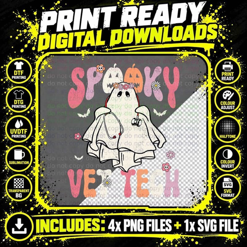 Groovy Halloween Spooky Vet Tech Veterinarian Floral Png SVG Digital Bundle