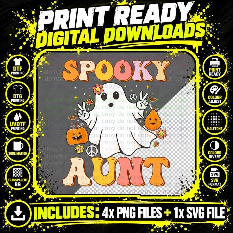 Groovy Spooky Aunt Ghost Boo Halloween Costume Hippie Png SVG Digital Bundle