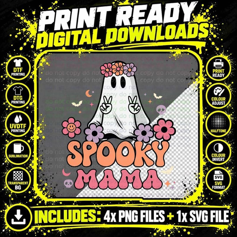 Groovy Spooky Mama Floral Ghost Halloween Spooky Mom Png SVG Digital Bundle