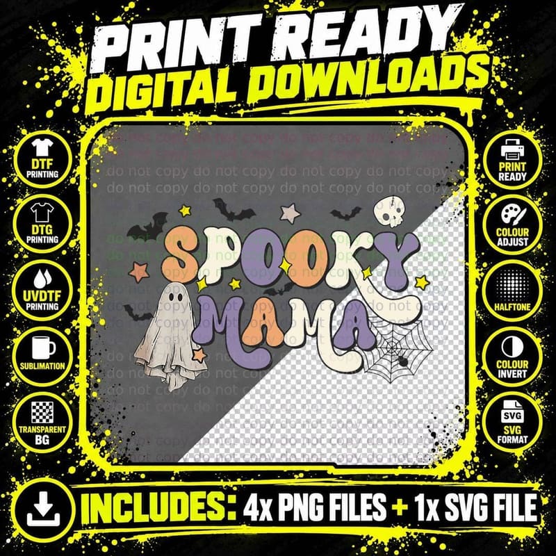 Groovy Spooky Mama Retro Halloween Ghost Witchy Spooky Png SVG Digital Bundle