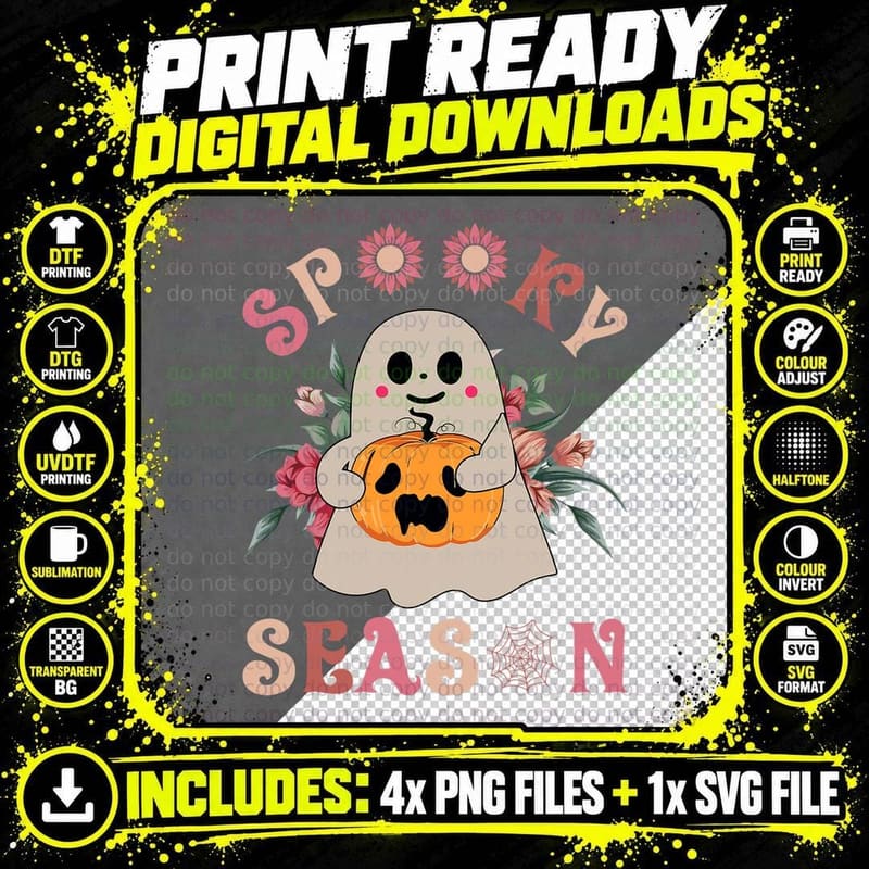 Groovy Vintage Floral Ghost Cute Halloween Spooky Season Png SVG Digital Bundle