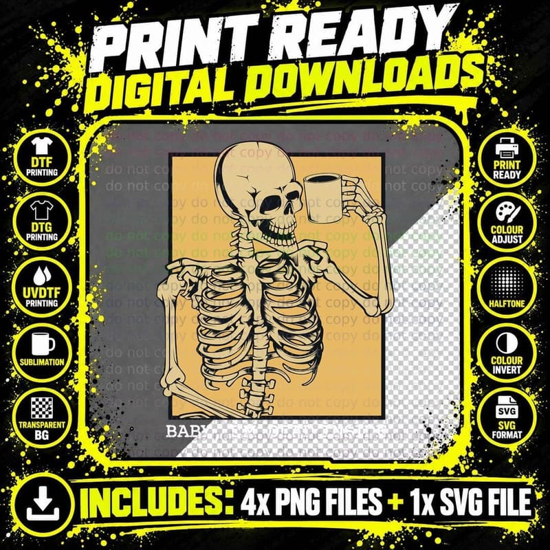 Grunge Skeleton Coffee Cup Mug Coffeedrinkers Skull Dead Png SVG Digital Bundle