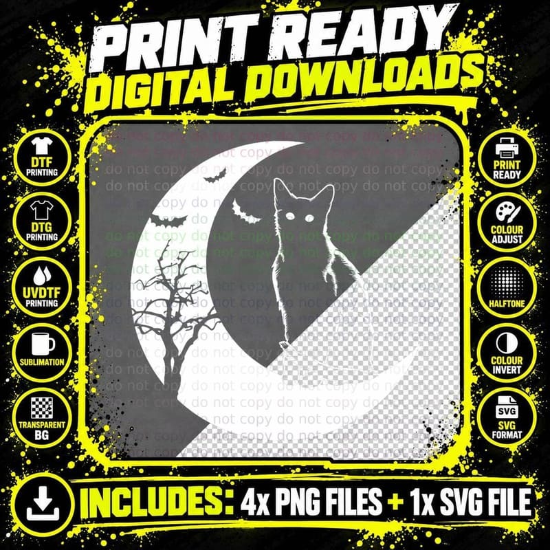Halloween Black Cat Fanatics Cute Bat and Moon Gift Png SVG Digital Bundle