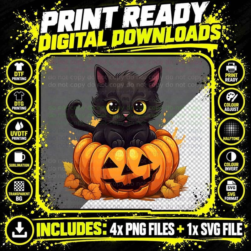 Halloween Black Cat Pumpkin Funny Spooky Kitty Boys Png SVG Digital Bundle
