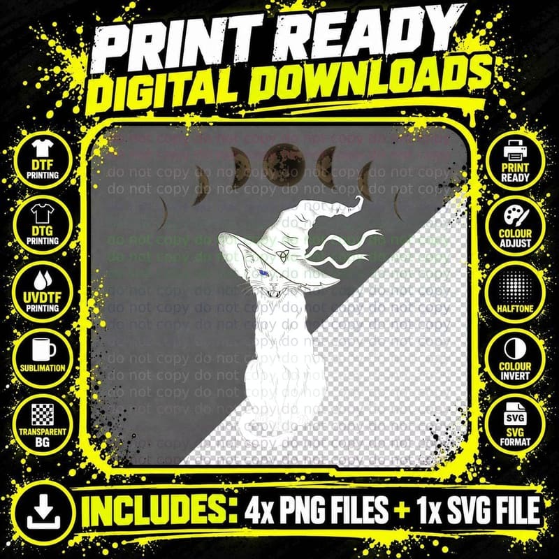 Halloween Black Cat with Witch Hat and Phases of the Png SVG Digital Bundle