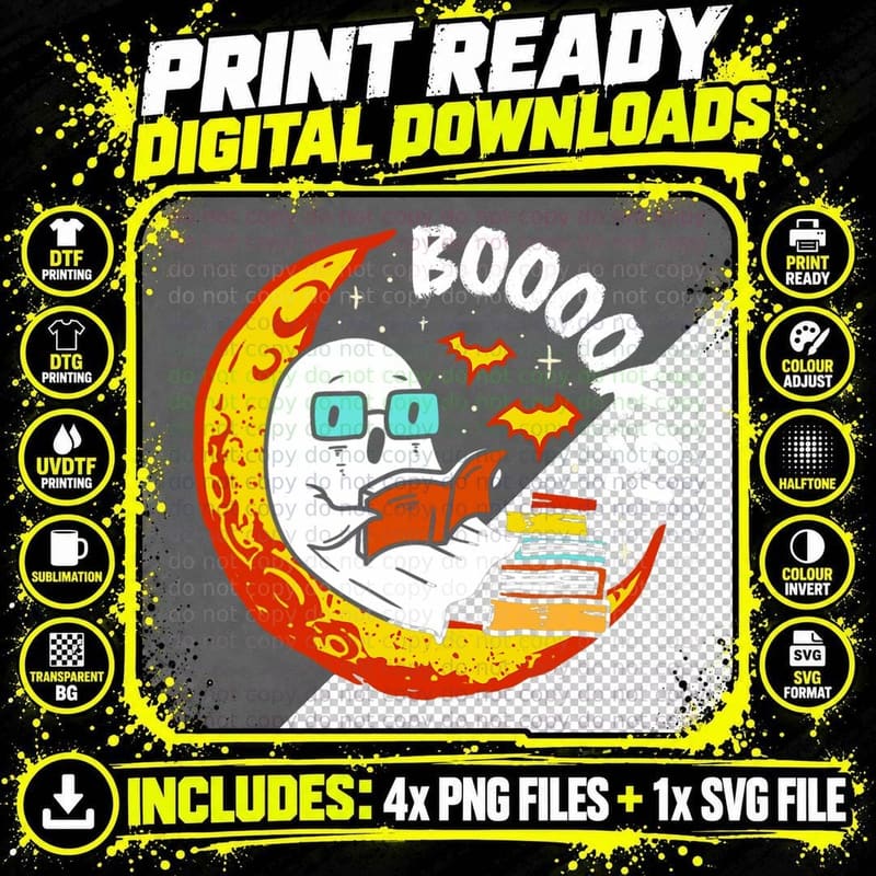 Halloween Booooks Cute Ghost Reading Library Books Png SVG Digital Bundle