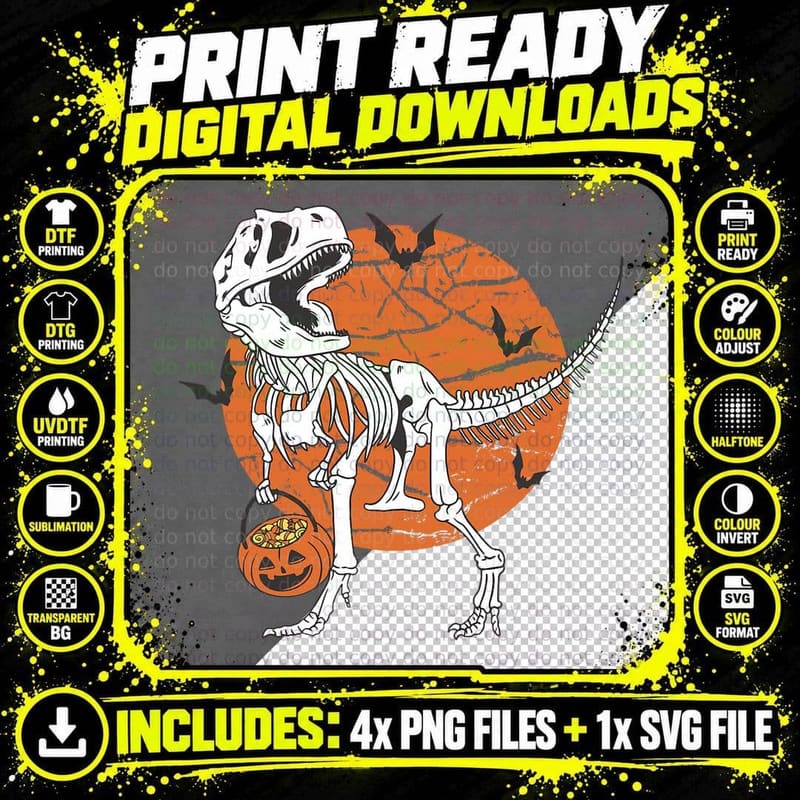 Halloween Boys Dinosaur Skeleton T Rex Scary Pumpkin Png SVG Digital Bundle