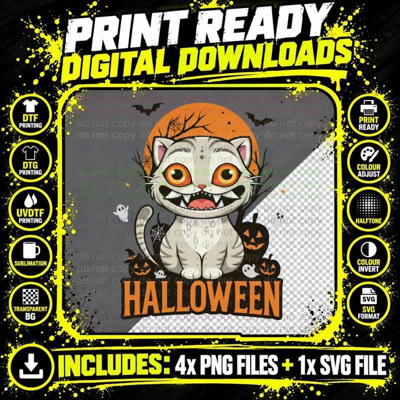 Halloween Cheshire Cat T-Shirt, Spooky Cat Costume Png SVG Digital Bundle