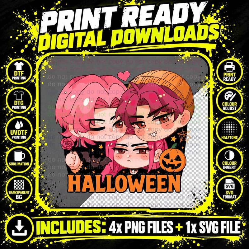 Halloween Chibi Characters T-Shirt, Spooky Costume Party Png SVG Digital Bundle