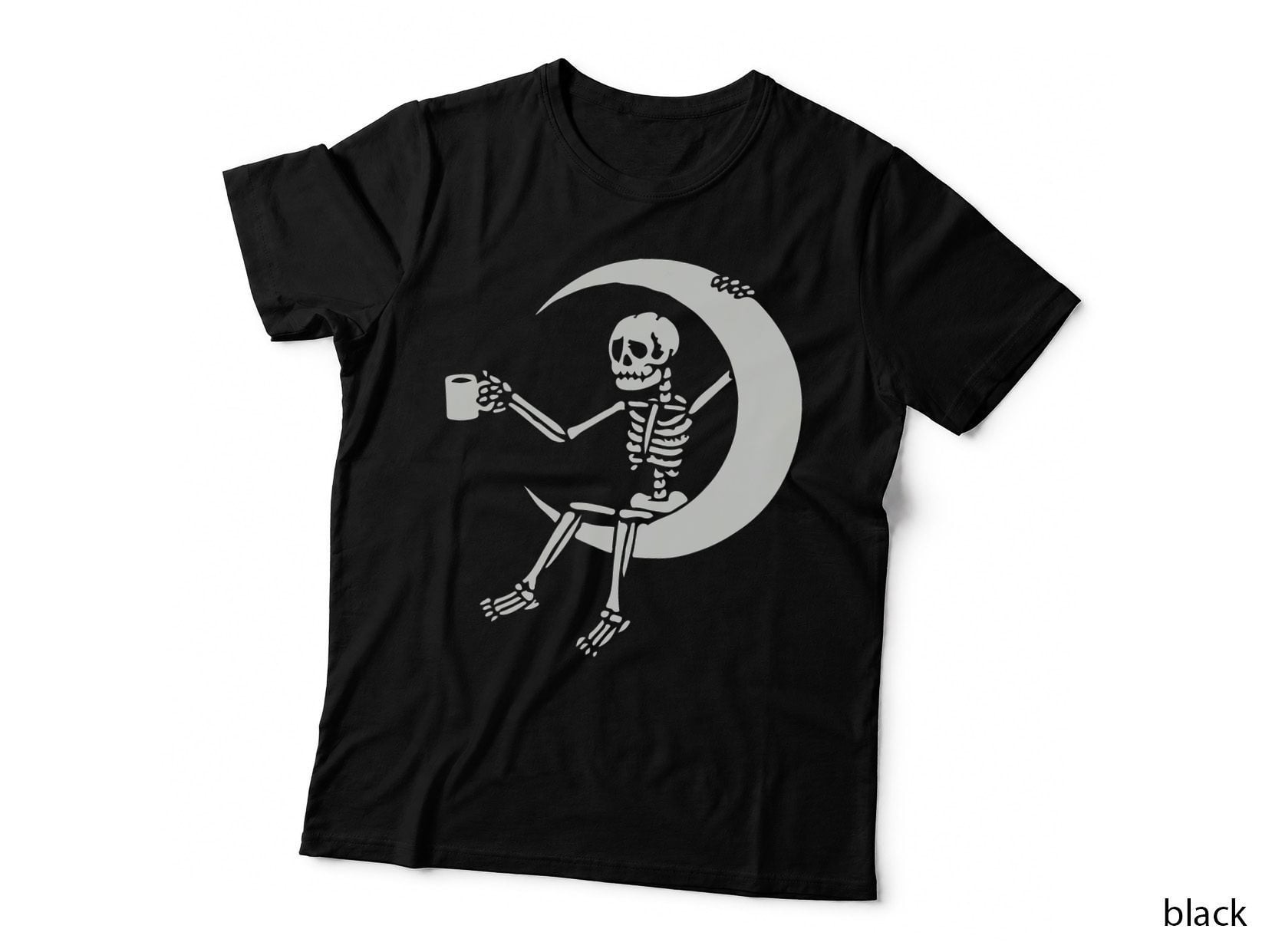 Halloween Coffee Drinking Skeleton Skull Sitting on the Moon T-Shirt