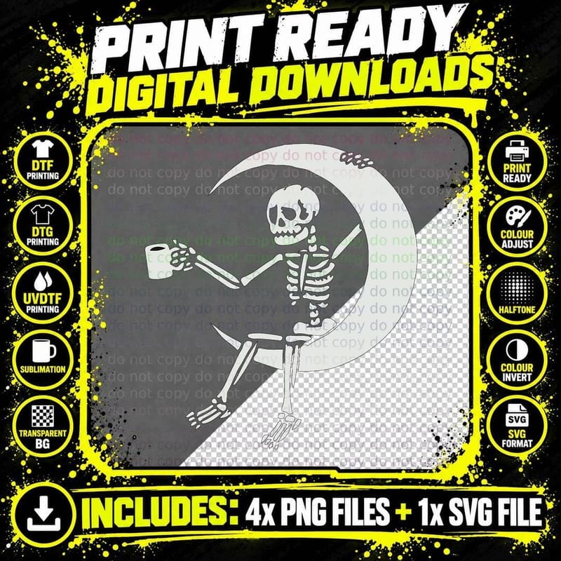 Halloween Coffee Drinking Skeleton Skull Sitting on the Png SVG Digital Bundle