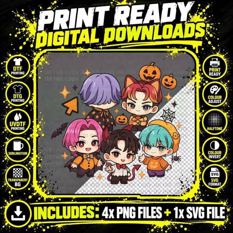 Halloween Costume Chibi Characters T-Shirt Png SVG Digital Bundle