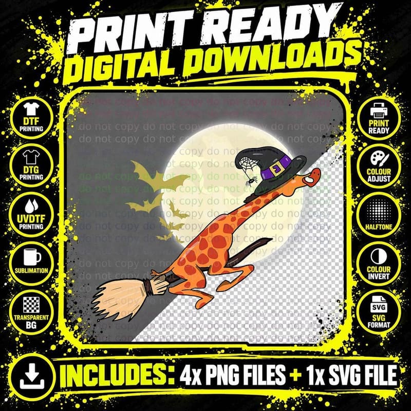Halloween Costume Giraffe Ride Witch Shotgun T-Shirt Png SVG Digital Bundle