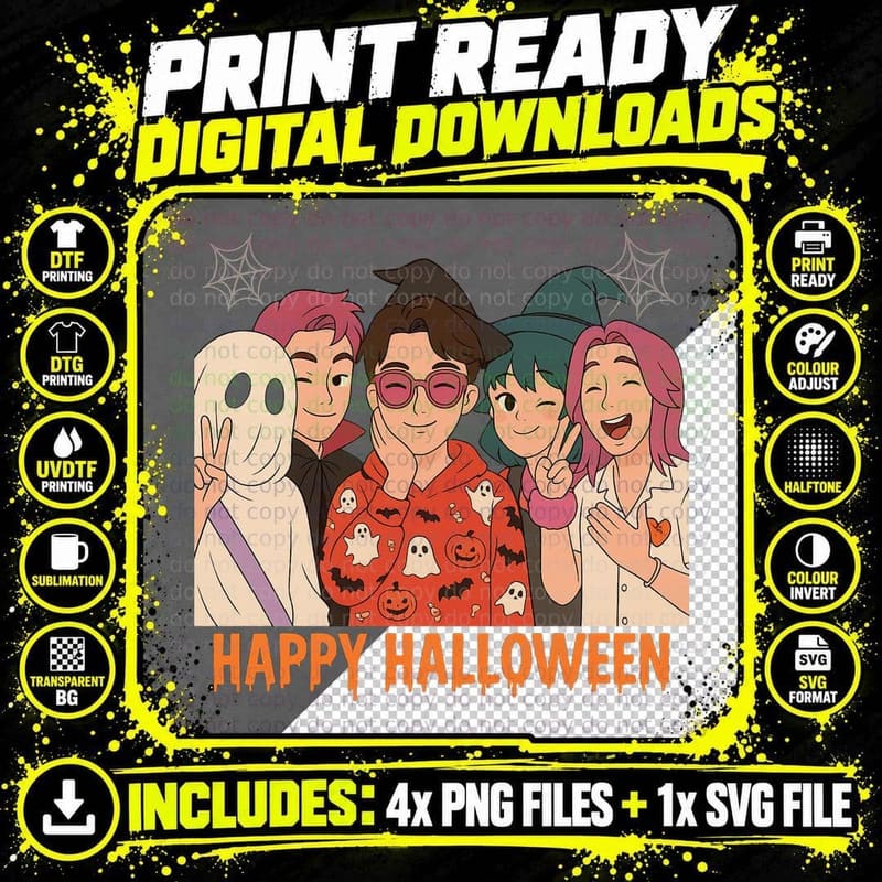 Halloween Costume Group T-Shirt, Spooky Party Theme Png SVG Digital Bundle