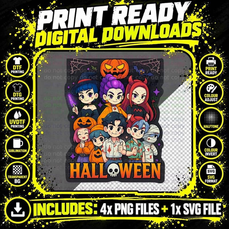 Halloween Costume Party Tee, Spooky Character Artwork Png SVG Digital Bundle