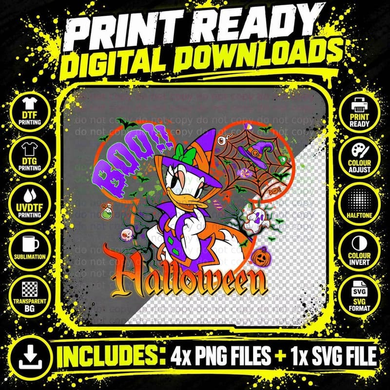 Halloween Daisy Duck Witch T-Shirt, Spooky Costume Theme Png SVG Digital Bundle