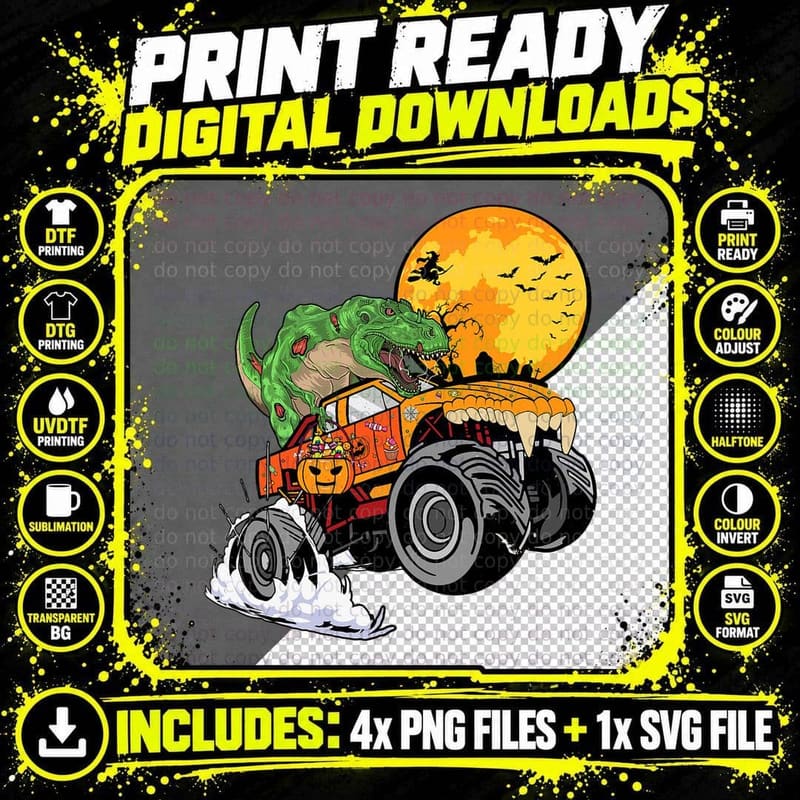 Halloween Dinosaur Zombie Monster Truck Boys Toddler Png SVG Digital Bundle