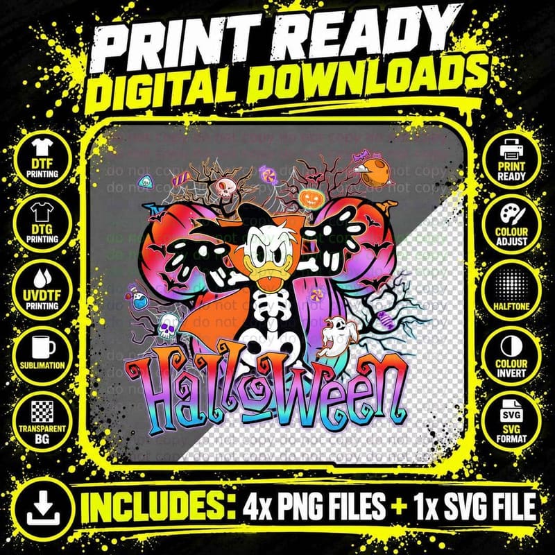 Halloween Donald Duck Skeleton T-Shirt Png SVG Digital Bundle