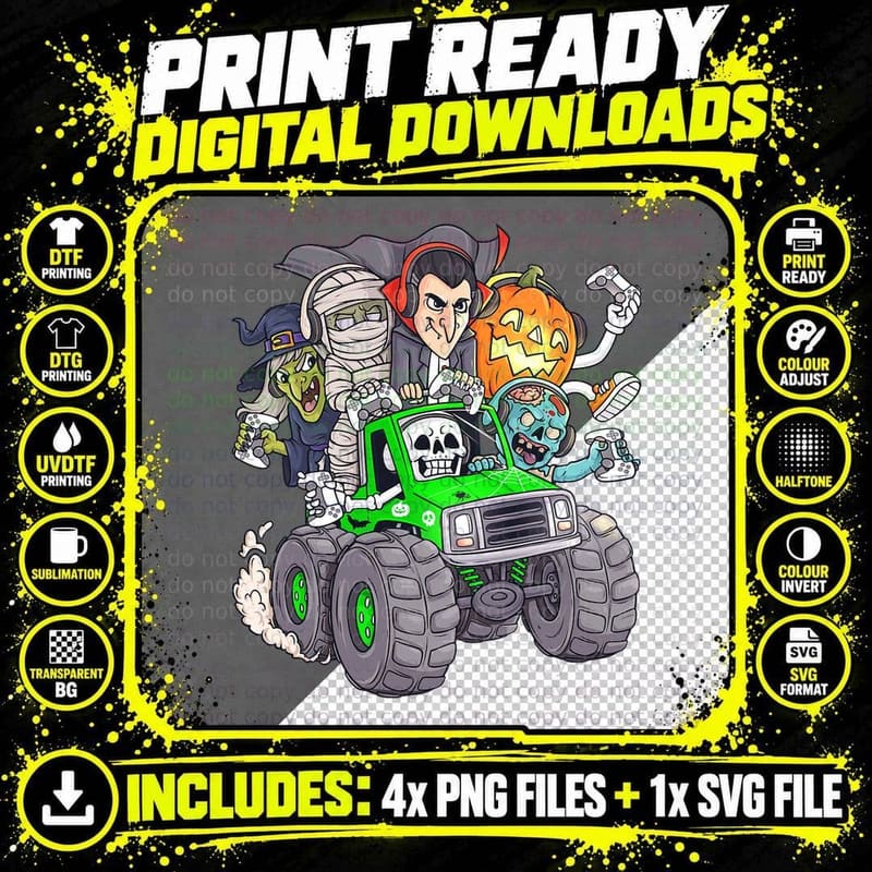 Halloween Gamer Skeleton Zombie Monster Truck Boys Kids Png SVG Digital Bundle