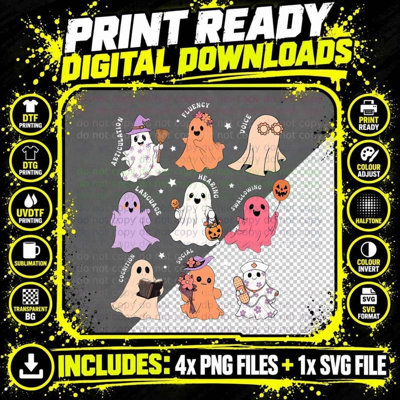 Halloween Groovy Ghost Friend Spooky AAC SLP Squad Women Png SVG Digital Bundle