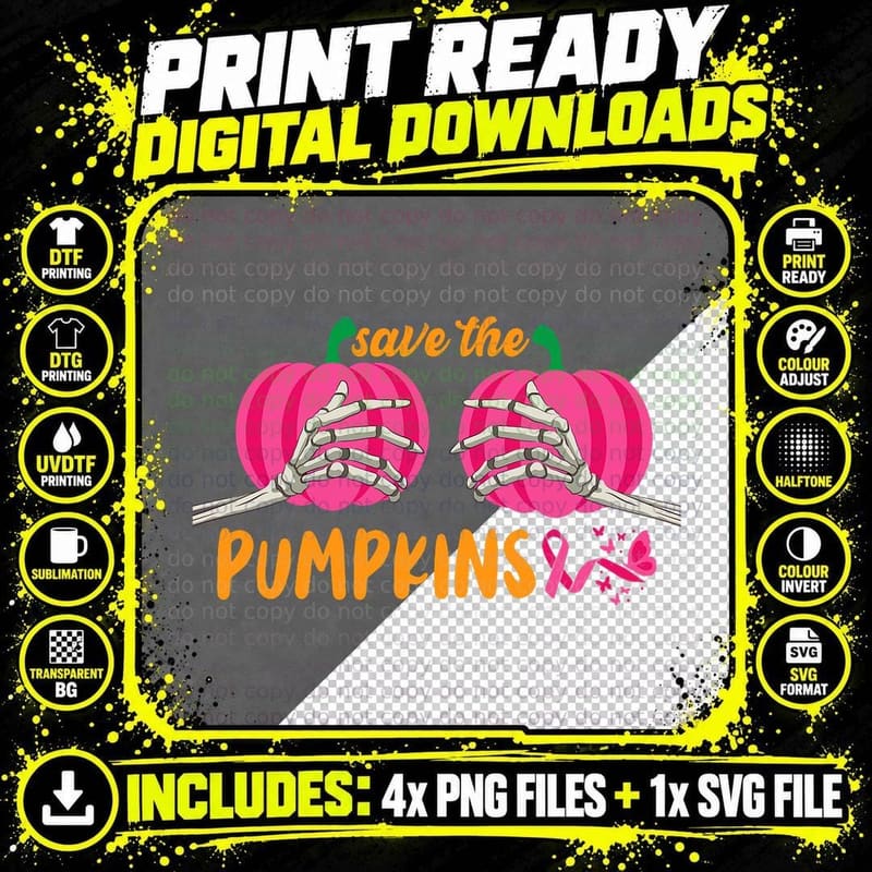 Halloween October Breast Cancer Pink Ribbon Pumpkin Png SVG Digital Bundle