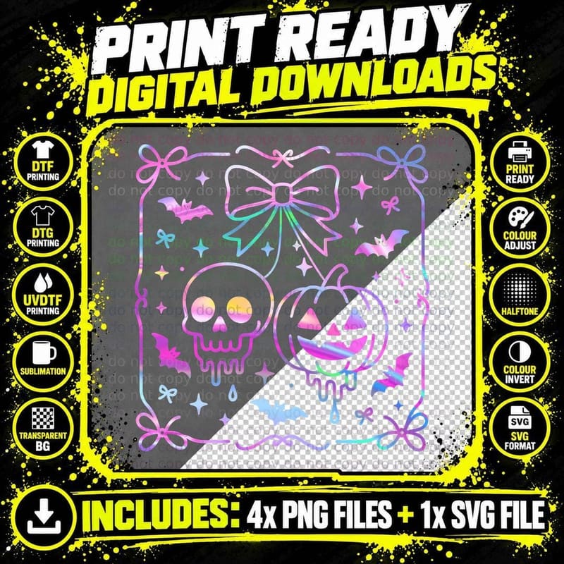 Halloween Pastel Rainbow Skull & Pumpkin T-Shirt Png SVG Digital Bundle