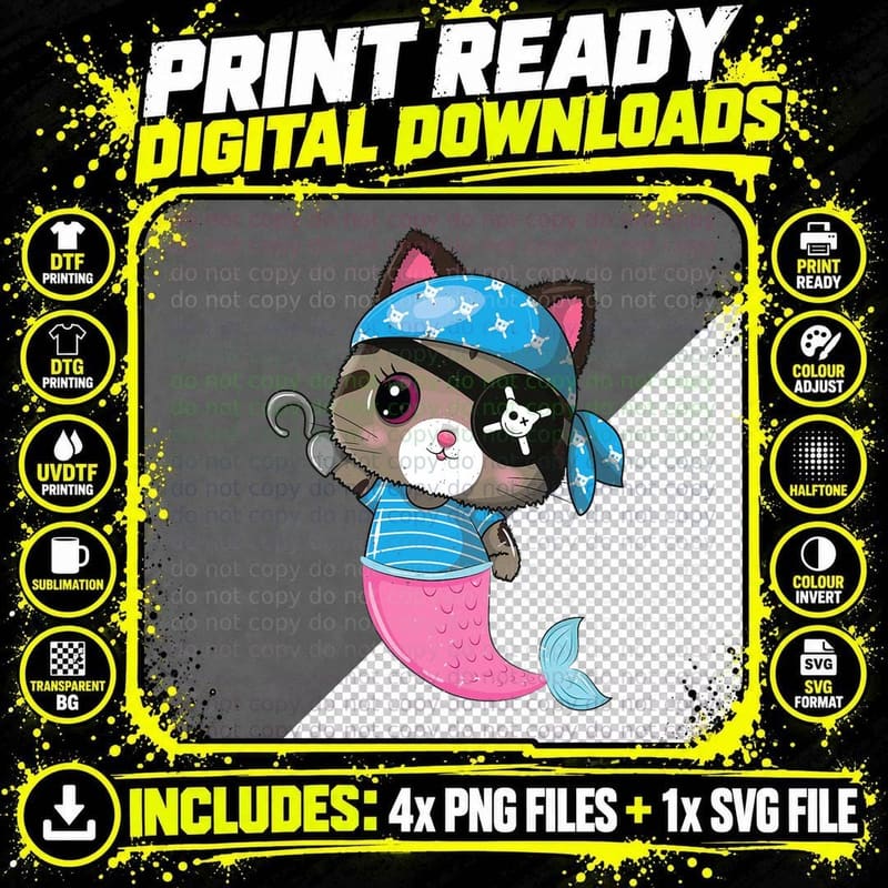 Halloween Pirate Mermaid Cat Lover Pirate Kitten Siren Png SVG Digital Bundle