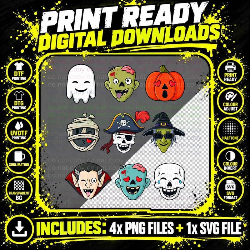 Halloween Pirate Skeleton Zombie Mummy Funny Faces Boys Png SVG Digital Bundle