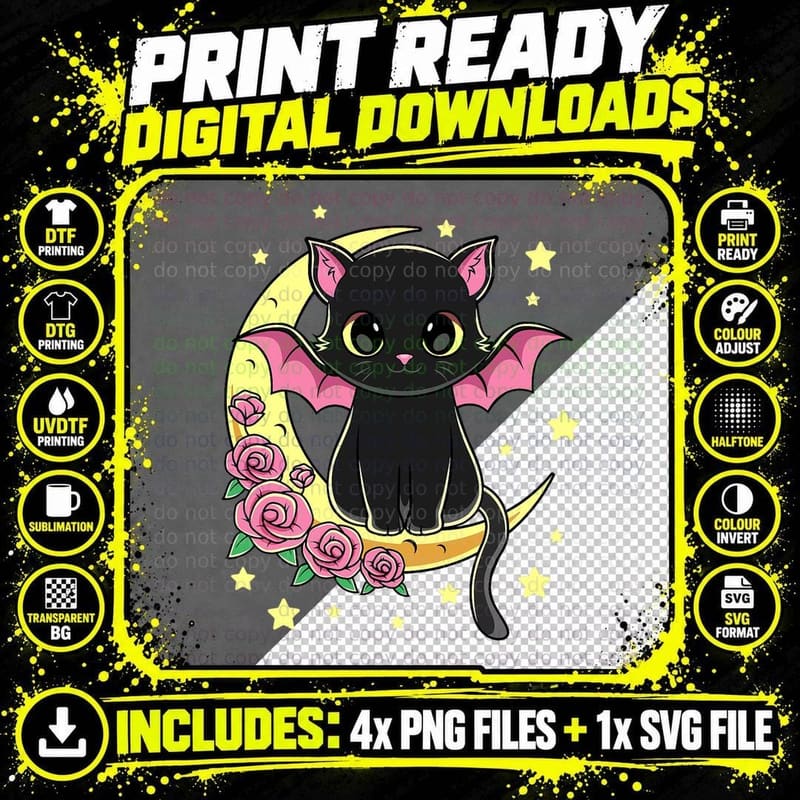 Halloween Scary Black Cat Moon for Kids Girls Png SVG Digital Bundle