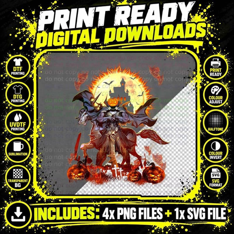 Halloween Scary Pumpkin Headless Horseman Halloween Png SVG Digital Bundle