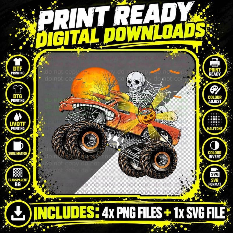 Halloween Skeleton Monster Truck Kids Boys Toddler Png SVG Digital Bundle