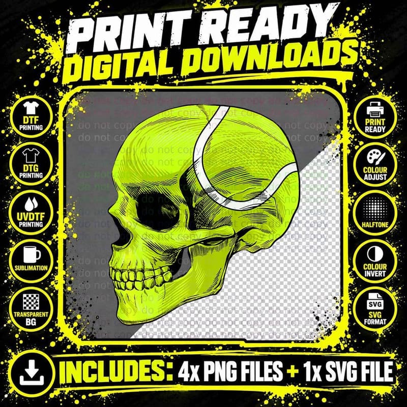 Halloween Tennis Ball Skull Team Sport Premium Png SVG Digital Bundle