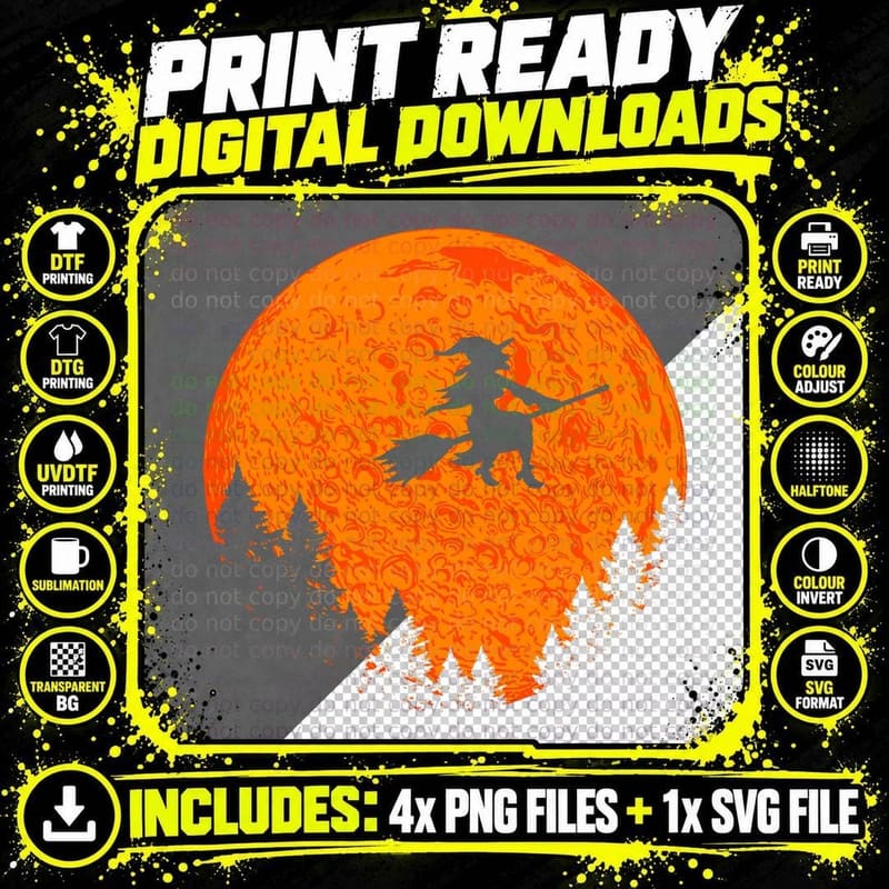 Halloween Vintage Witch on Broom and Moon Group Matching Png SVG Digital Bundle